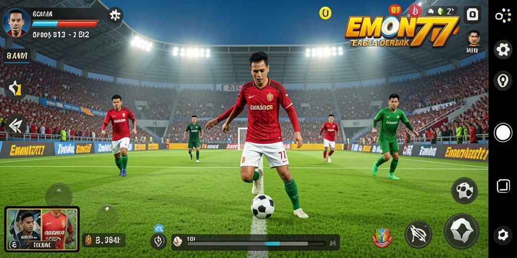 Screenshot dari gameplay EMON777 menampilkan aksi sepak bola mendebarkan.