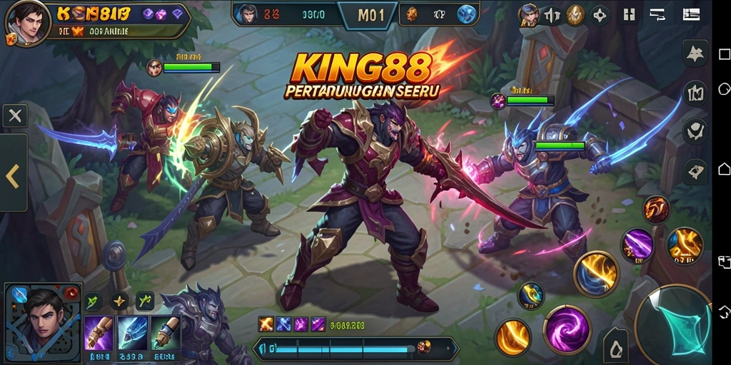 Tangkapan layar KING88 menampilkan aksi pertempuran intens di arena MOBA.