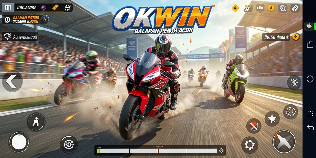 Screenshot OKWIN menampilkan aksi balapan motor yang mendebarkan.
