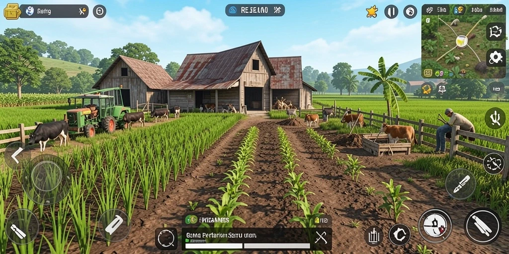Screenshot gameplay menunjukkan aktivitas bertani yang seru di REJEKIGAMES.