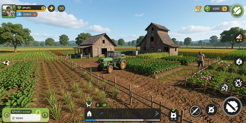 Tampilan gameplay RPVIP2 menampilkan aktivitas pertanian yang menyenangkan dan beragam.