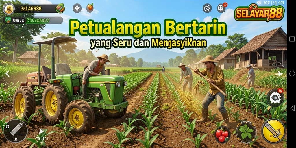 Tangkapan layar gameplay menunjukkan aktivitas bertani yang seru dan interaksi di desa.