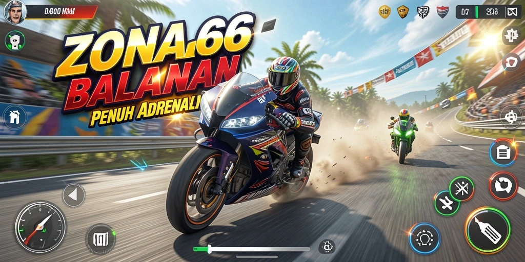Gameplay ZONA66 menegangkan dengan balapan motor yang seru.